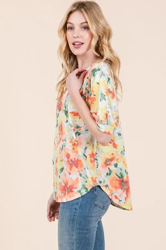 BOMBOM Floral Round Neck Puff Sleeve Top for Women - Love Salve